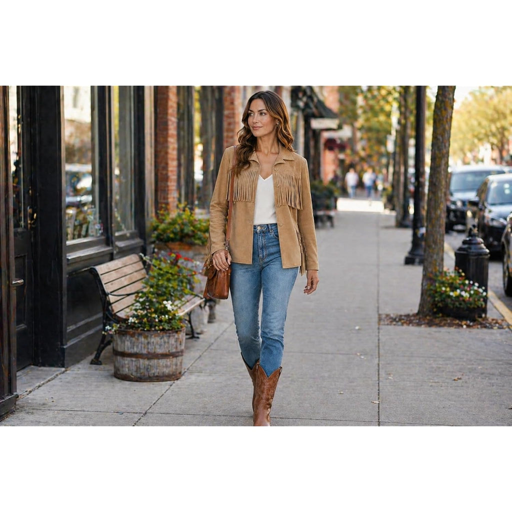 Women’S Buffalo Suede Fringe Jacket, Genuine Leather Western Cowgirl Boho Coat Vintage Style