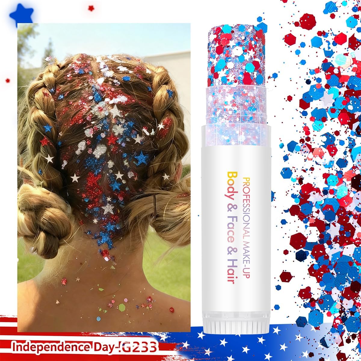 4th of July Body Glitter Stick Set for Face, Body & Hair - Red White & Blue Fine & Chunky Sparkle, Patriotic Makeup for Watch Party, Rave & Game Day 2 Pack