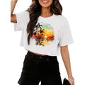 Binshre Womens Short Sleeve Crops Tops Summer Graphic Tees Crew Neck Cropped T Shirts Casual Loose Fit Blouse White-beach Sunset