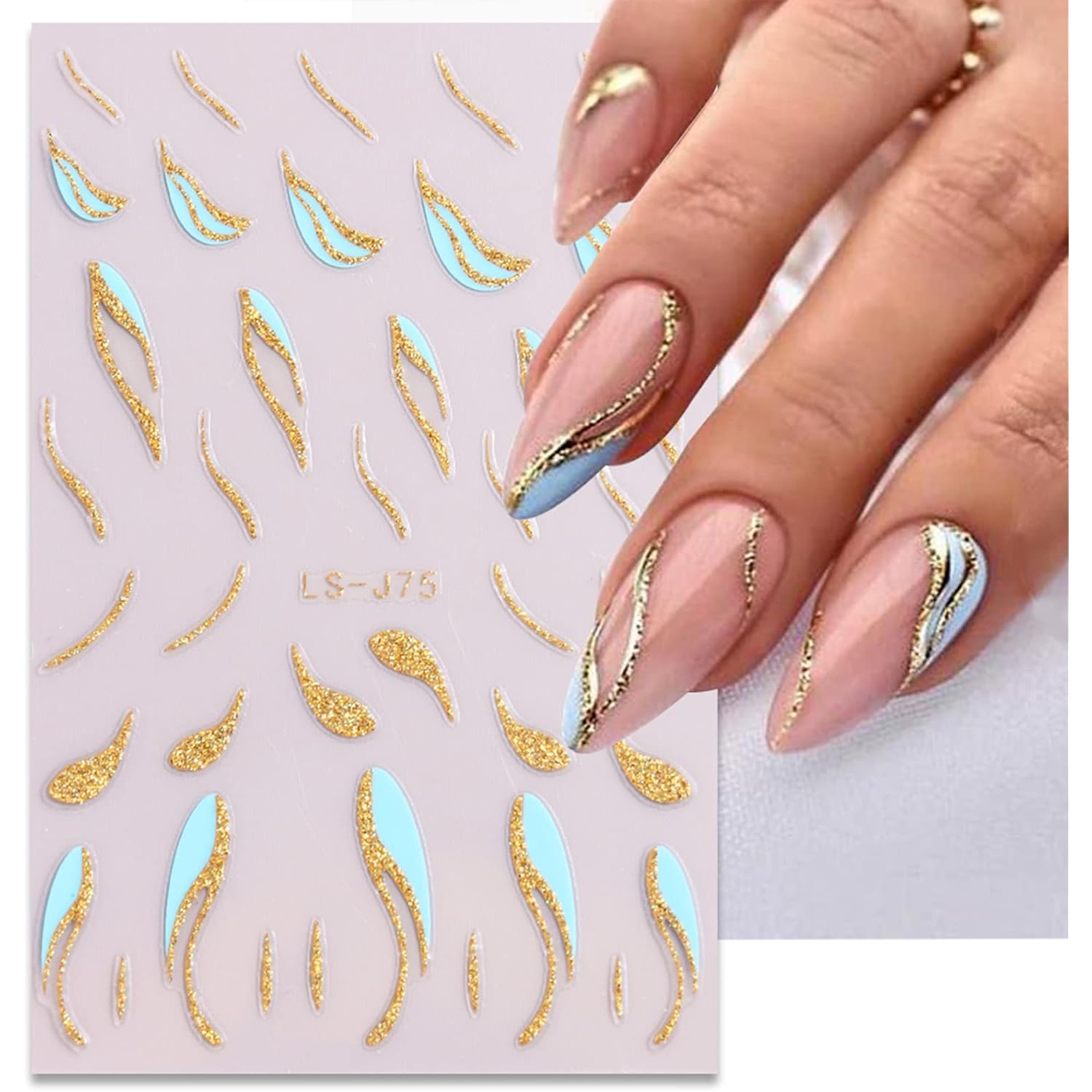 French Shining Line Nail Art Stickers - Gold Metal Curve Wavy Stripe Decals, 3D Glitter Lines, DIY Nail Manicure Decoration for Women