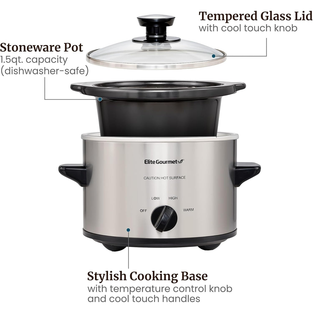 Elite Gourmet MST-250XS Electric Slow Cooker Ceramic Pot, Adjustable Temp, Entrees, Sauces, Stews & Dips, Dishwasher Safe Glass Lid & Crock, 1.5 Quart, Stainless Steel