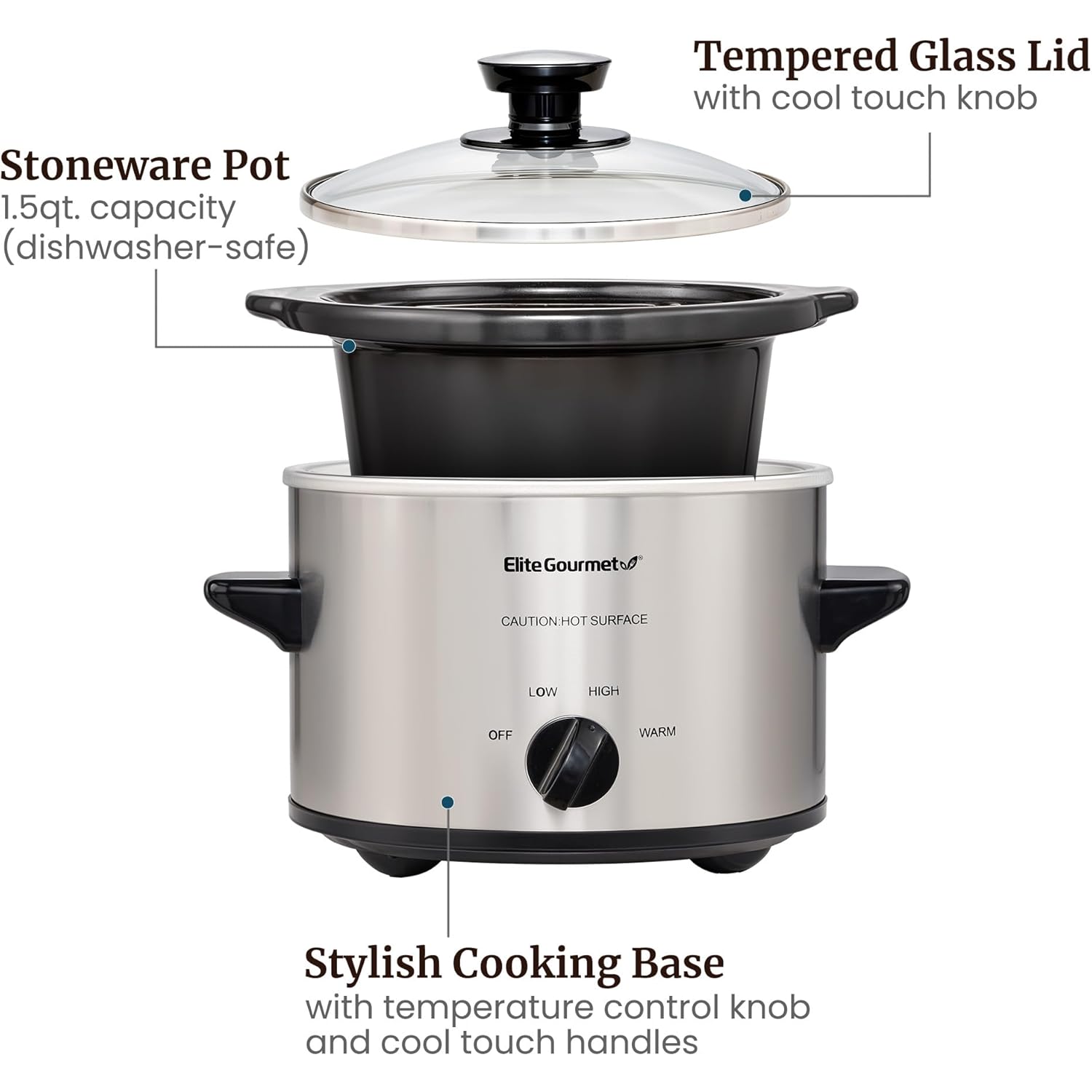 Elite Gourmet MST-250XS Electric Slow Cooker Ceramic Pot, Adjustable Temp, Entrees, Sauces, Stews & Dips, Dishwasher Safe Glass Lid & Crock, 1.5 Quart, Stainless Steel