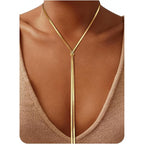 Chunky Long Y Necklace for Women, Waterproof Herringbone Drop Dangle Necklace, Adjustable Lightweight Trendy Fashion Slip Tie Necklace, Thin Layered Choker Chest Chain