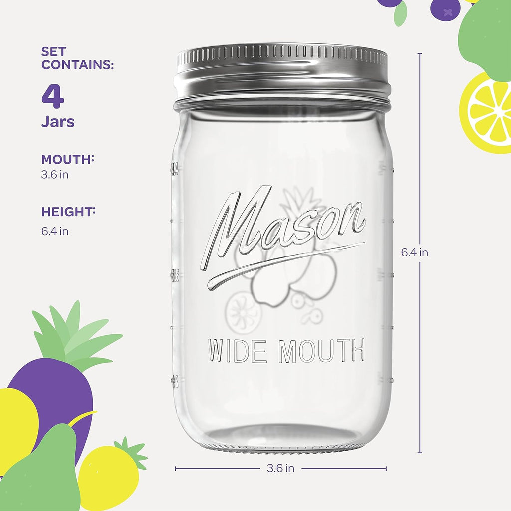 SEWANTA Wide Mouth Mason Jars 32 oz [4 Pack] With Mason Jar Lids and Bands, Mason Jars 32 oz - For Canning, Fermenting, Pickling - Jar Decor - Microwave/Dishwasher Safe.