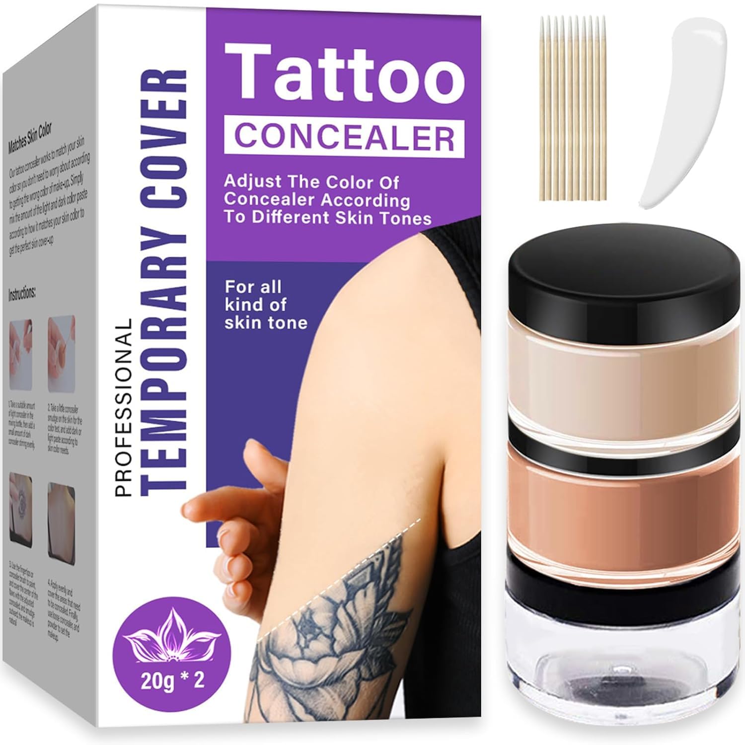 Tattoo Cover Up Makeup Water-Resistant 2-Tone Concealer Set 40G For Blemishes And Marks