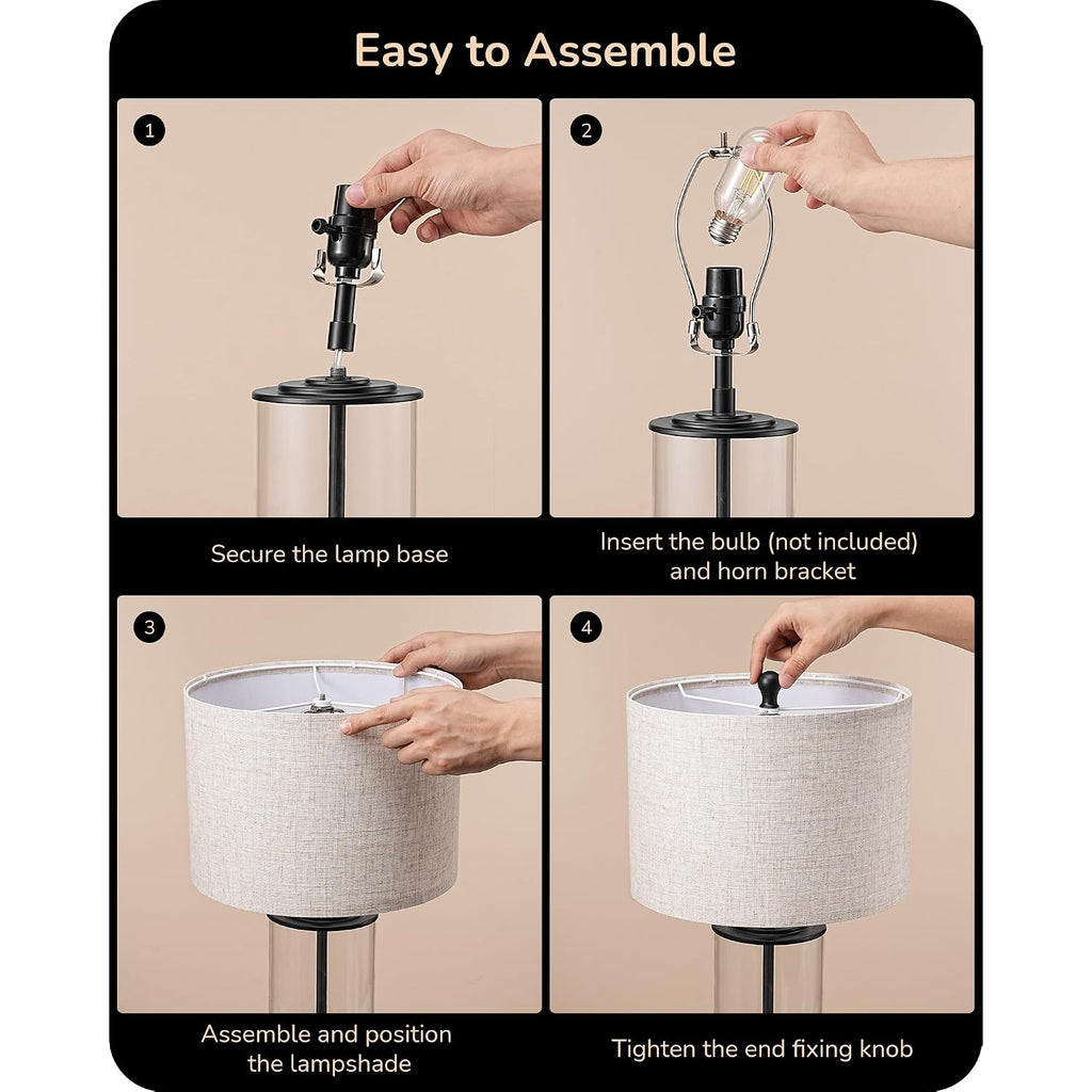 Edishine 23.6" Glass Table Lamp Set Of 2, Diy Refillable, Rotary Switch | Modern Bedside Lamp With Linen Lampshade, E26 Base, Nightstand Light For Living Room, Bedroom, Office