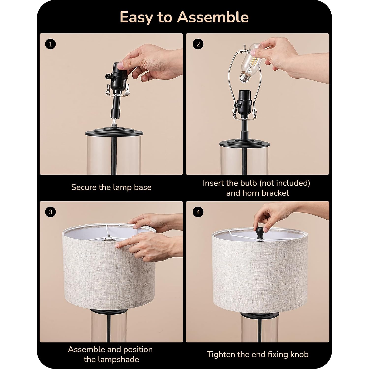 Edishine 23.6" Glass Table Lamp Set Of 2, Diy Refillable, Rotary Switch | Modern Bedside Lamp With Linen Lampshade, E26 Base, Nightstand Light For Living Room, Bedroom, Office