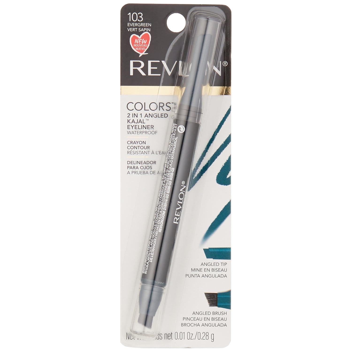 Revlon ColorStay 2-in-1 Angled Kajal Eyeliner, Waterproof Eye Makeup with Smudge Brush for Smokey Eyes, Evergreen (103), 0.01 oz