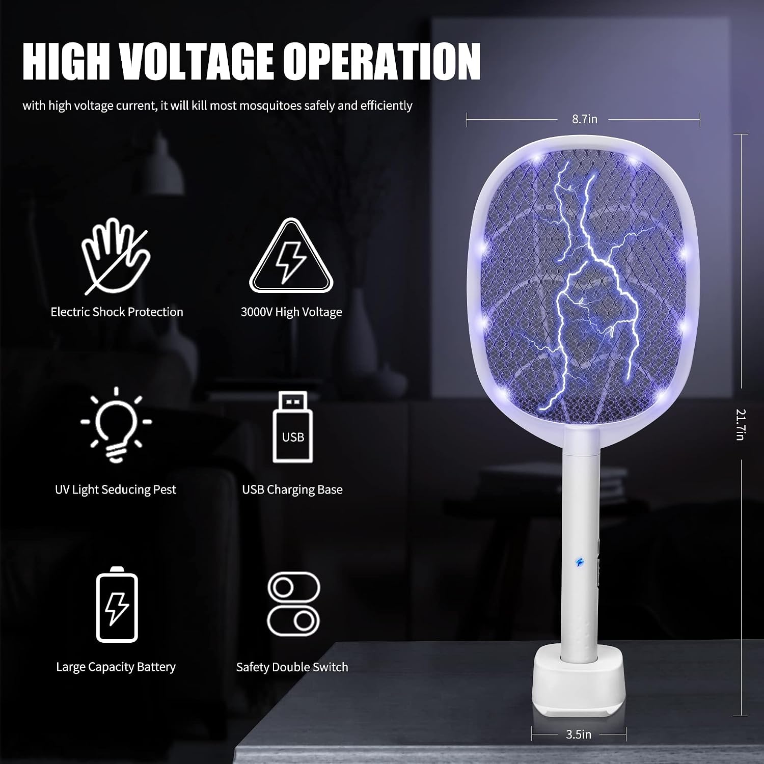 Lulu Home 2-In-1 Electric Bug Zapper Racket, 4000V High Voltage Led Lighted Handheld Mosquito Swatter With 3 Layer Safety Mesh, Usb Charging Portable Fly Killer Racquet For Indoor Outdoor Use