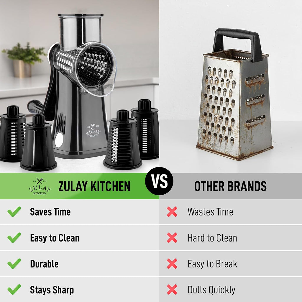 Zulay Kitchen Rotary Cheese Grater 5 Blade Cheese Shredder - Manual Hand Crank Cheese Grater With Reinforced Suction & 5 Interchangeable Drums - Easy To Use, Vegetable Chopper Round Mandoline Slicer