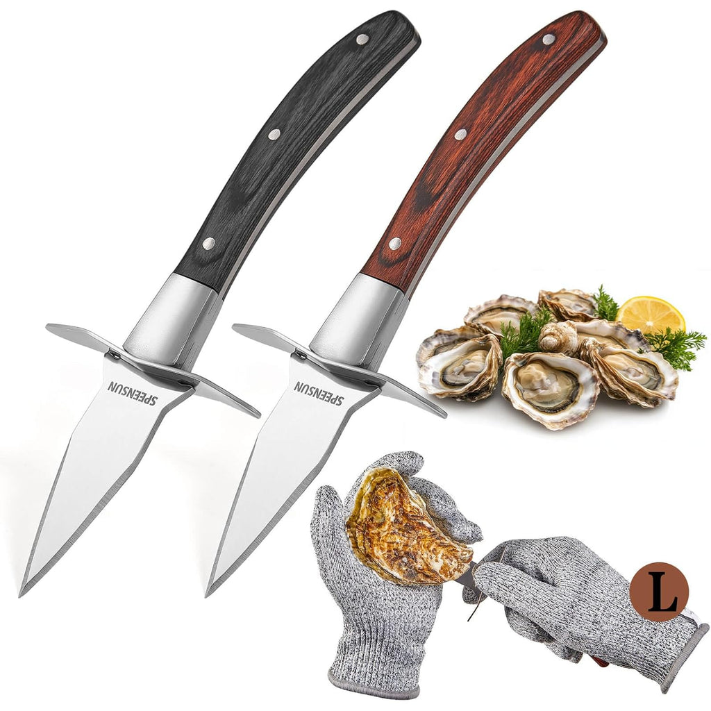 Oyster Shucking Knife,Oyster Shucker,2 Set Sturdy Sharpness Oyster Knife With Comfort Wood-Handle,Oyster Shucking Kit With 1 Pairs Of Level 5 Protection Cut-Resistant Gloves(L) For Oyster Clam