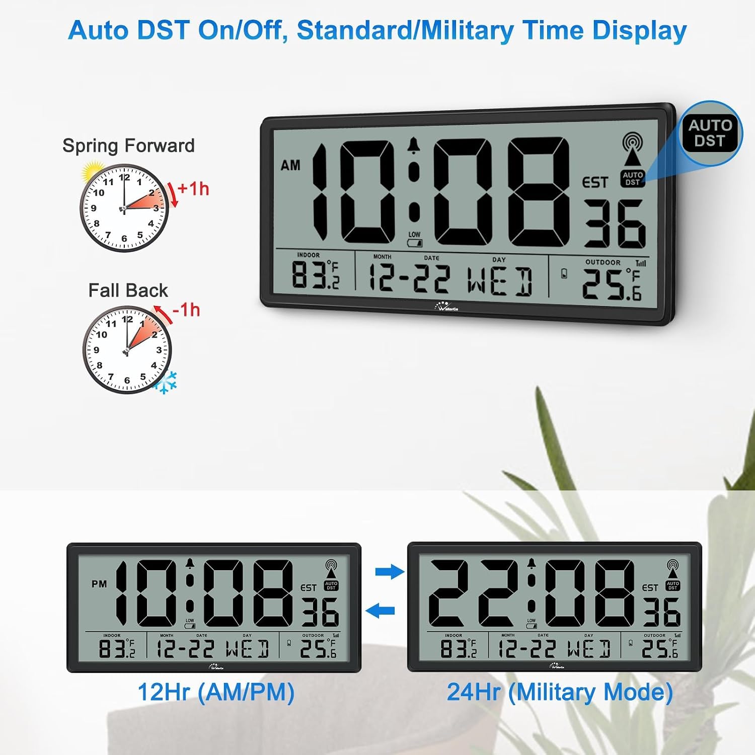 Atomic Clock With Indoor Outdoor Temperature, 14.5" | Easy To Read, Self Setting, Jumbo Auto Set Digital Wall Clock, Battery Operated