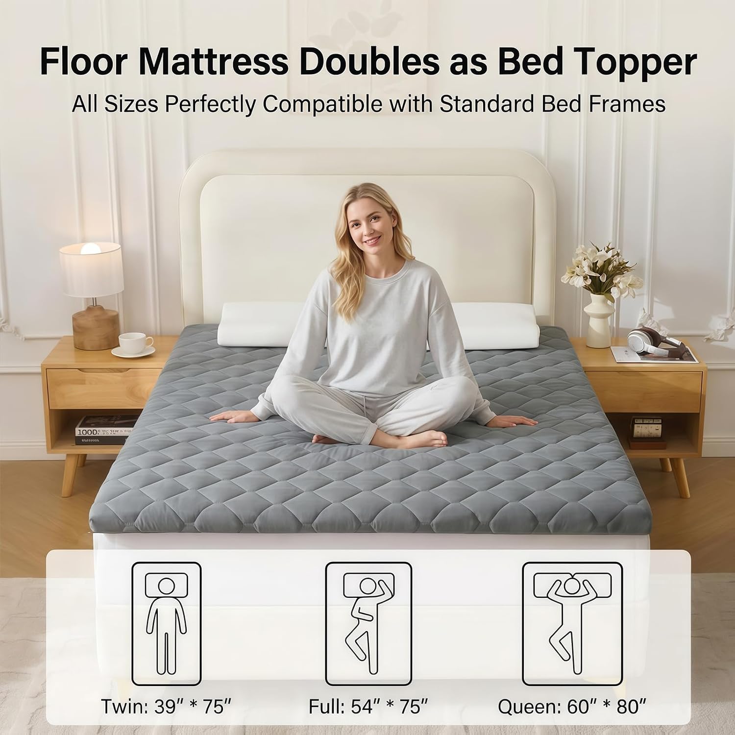 Japanese Floor Mattress, Futon Mattress Roll Up Tatami Mat With Handle, Foldable Floor Bed Sleeping Pad For Camping, Twin Size, Grey(39X75)