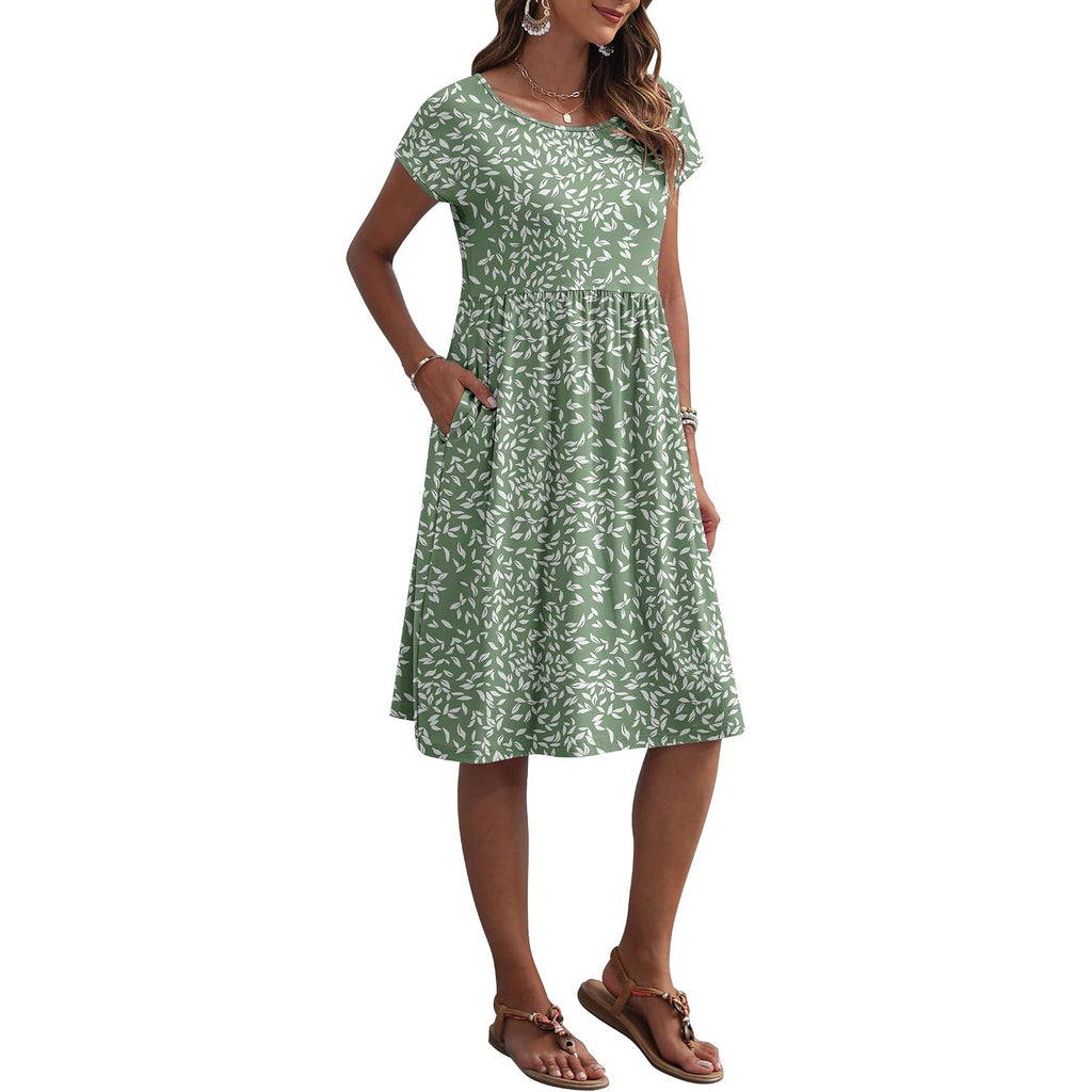 Auselily Women'S Summer Short Sleeve Knee-Length Dresses Round Neck Loose Dress With Pockets 2026 New