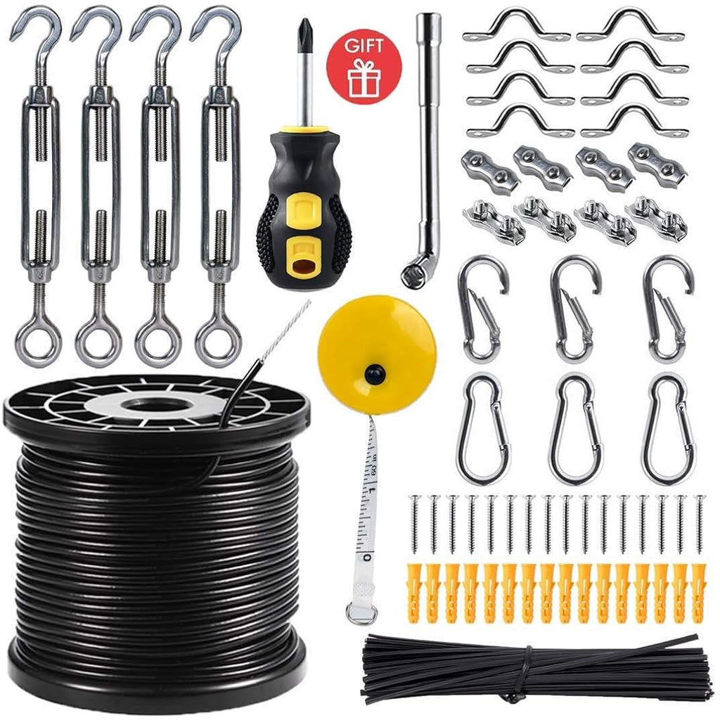 String Light Hanging Kit,Guide Wire For Outdoor String Lights, Shade Sail Hardware Kit,With 164 Ft Nylon Coated Stainless Steel 304 Wire Rope