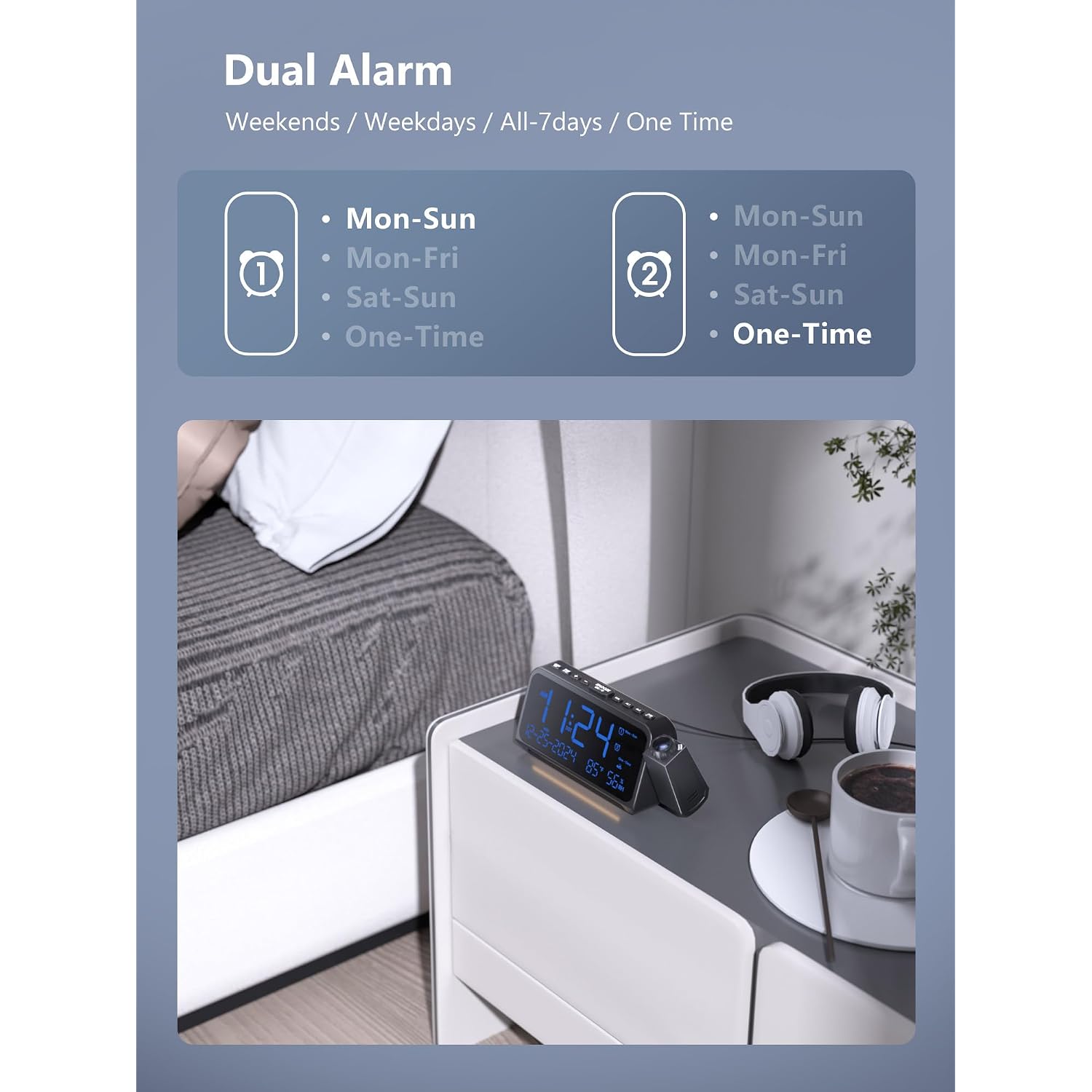 Projection Clock For Bedroom Ceiling, Alarm Clock For Heavy Sleepers | 350° Rotatable Projector, Dual Alarms, 5 Brightness, Weekday/Weekend Mode, Temp & Humidity, Snooze, Usb Charger
