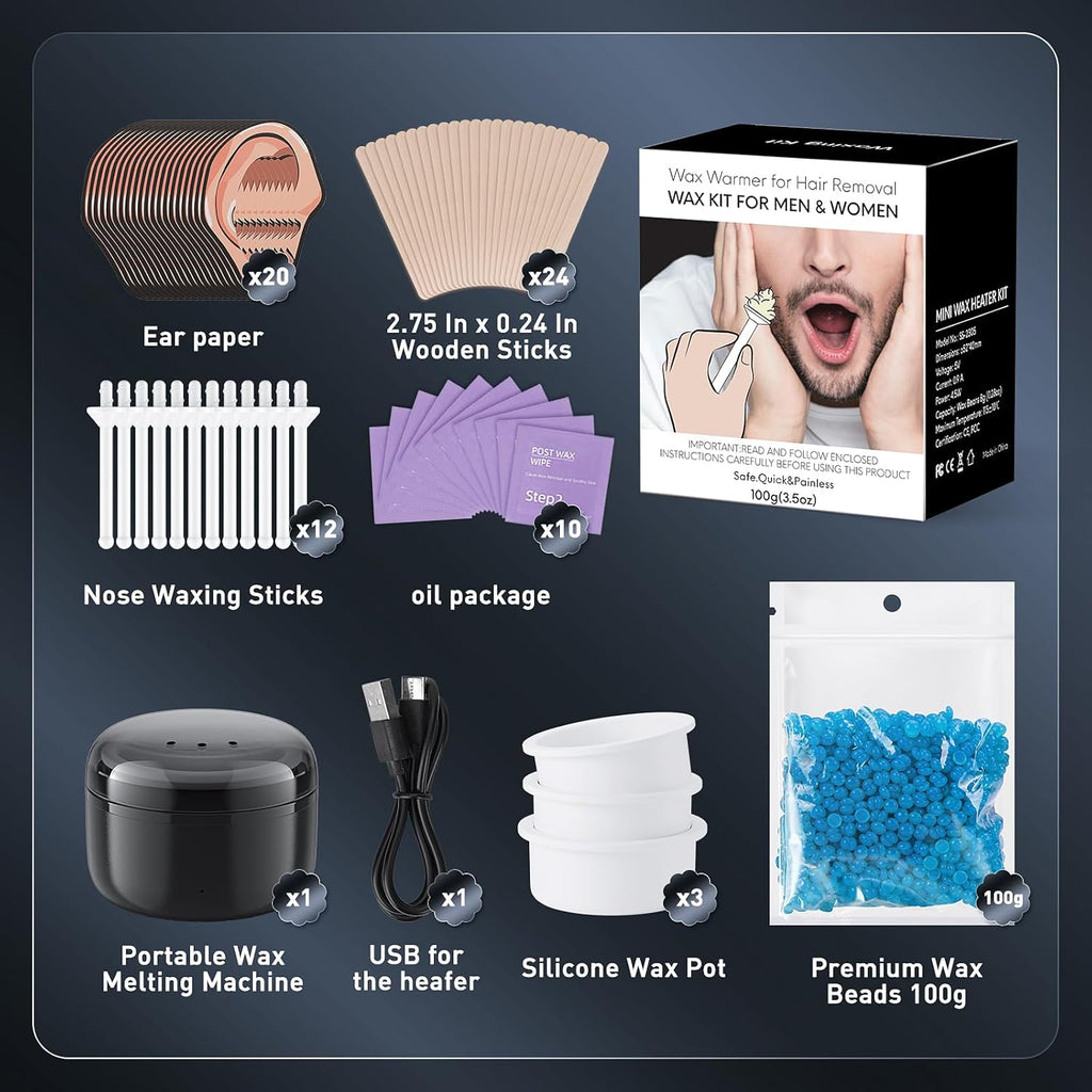Nose Wax Kit Men, Nose Ear Hair Waxing Kit with 100g Wax, 56 Pcs Accessories, Nose Ear Hair Removal Kit, USB Fast Heat, Smart Constant Temp, Upgraded Size, Multi-Accessories,