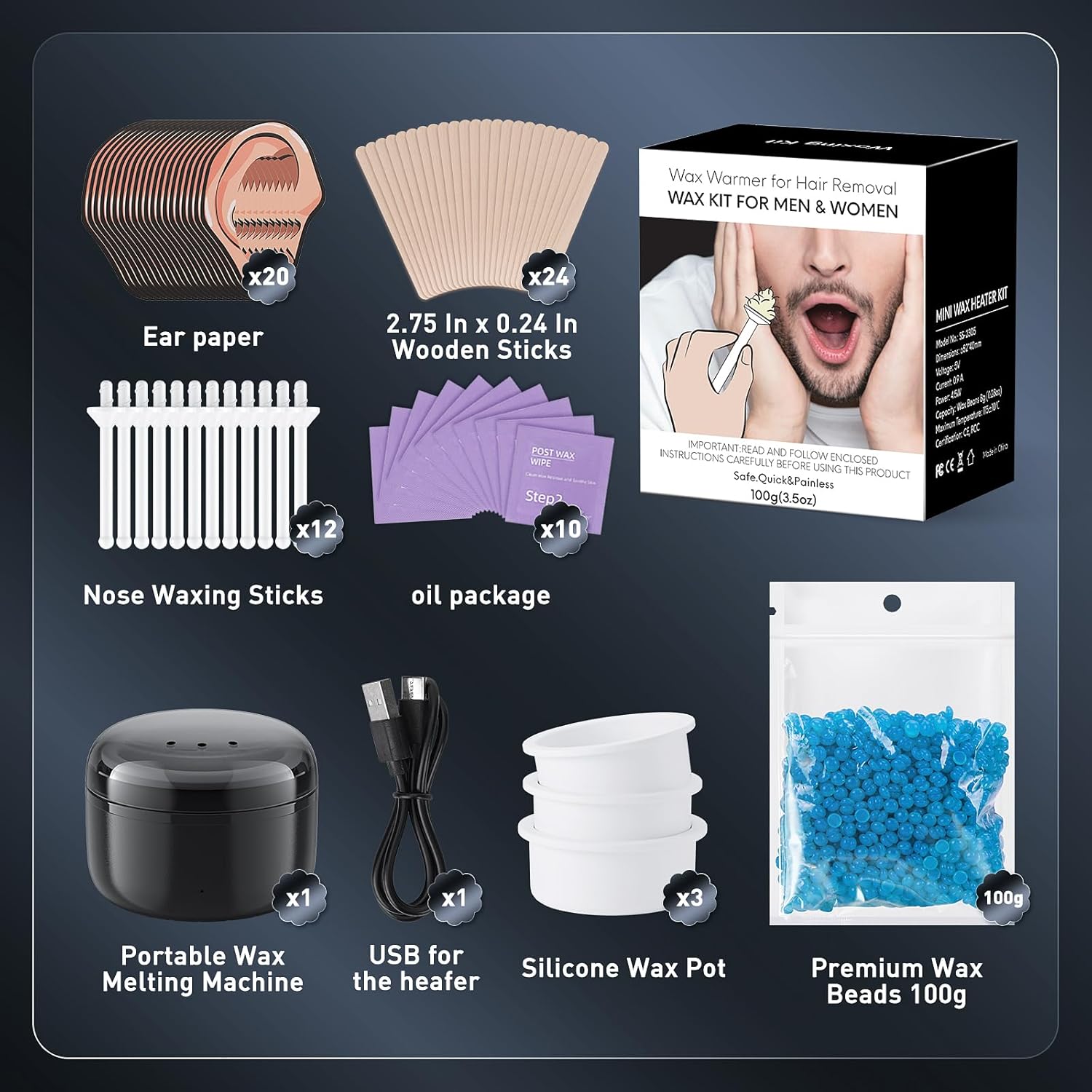 Nose Wax Kit Men, Nose Ear Hair Waxing Kit with 100g Wax, 56 Pcs Accessories, Nose Ear Hair Removal Kit, USB Fast Heat, Smart Constant Temp, Upgraded Size, Multi-Accessories,