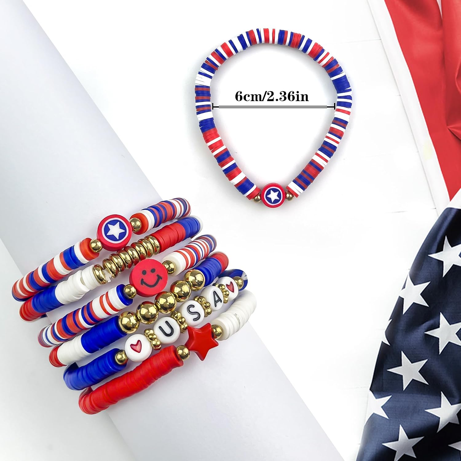 OHOME 4th of July Outfits for Women - 6 Pack Patriotic Bracelets | Fourth of July Decorations Accessories Shirts for Memorial Day Decorations - 250 Anniversary America Merchandise USA for Women