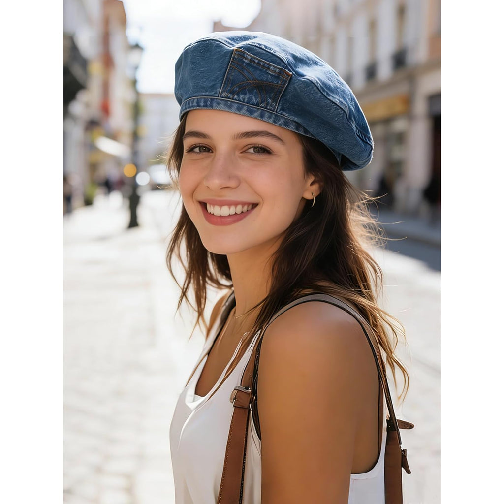 Women Denim Cotton Beret Hat Strap Artist Hat