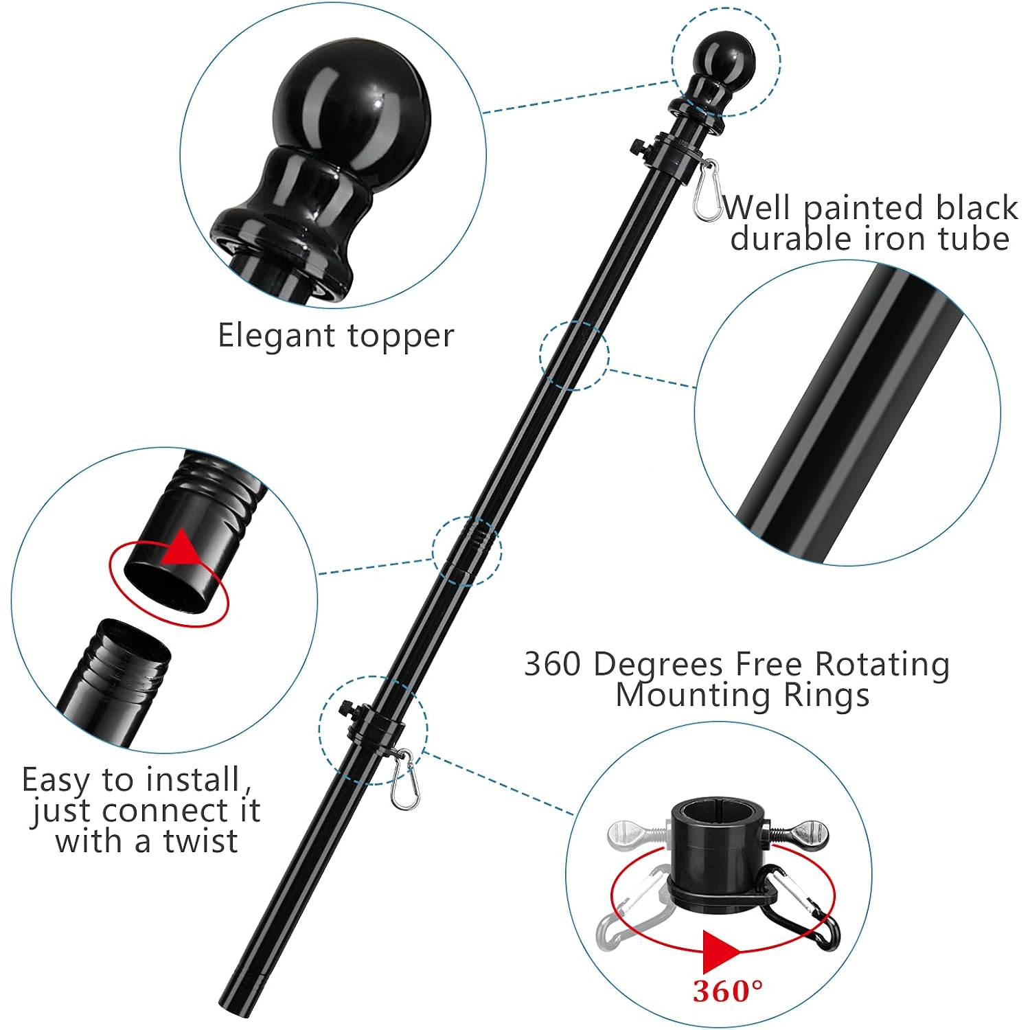 American Flag Poles For Outside House - 5Ft Tangle Free Flag Pole For House With Holder Bracket,Residential Flagpole Kit For Outdoor Porch Garage - Black