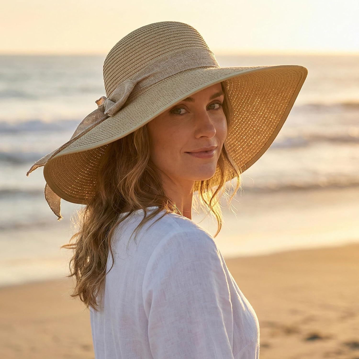 DRESHOW Beach Hats for Women Big Straw Wide Brim Summer Hat Floppy Foldable Roll up Cap Sun Hat UPF 50+ Khaki /Normal Edge