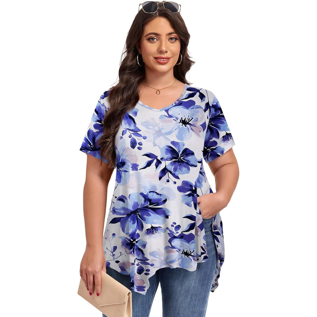 Larace Plus Size Tops For Womens Summer Clothes Short Sleeve Shirts Casual V Neck Tunic Asymmetrical Blouses