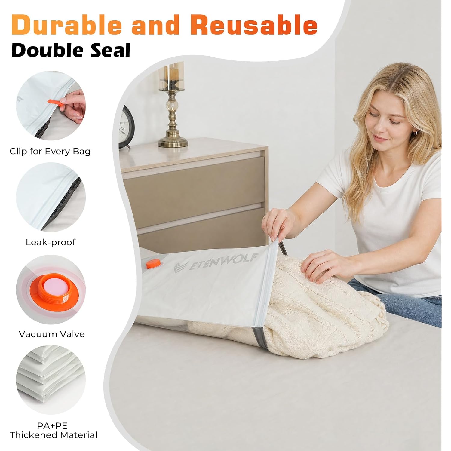Etenwolf 15 Pack Reusable Vacuum Storage Bags For Travel With Rechargeable Air Pump,Vacuum Compression Packing Seal For Clothes, Blankets, Seasonal Storage,Carry-On Space Saver Bags In 3 Sizes