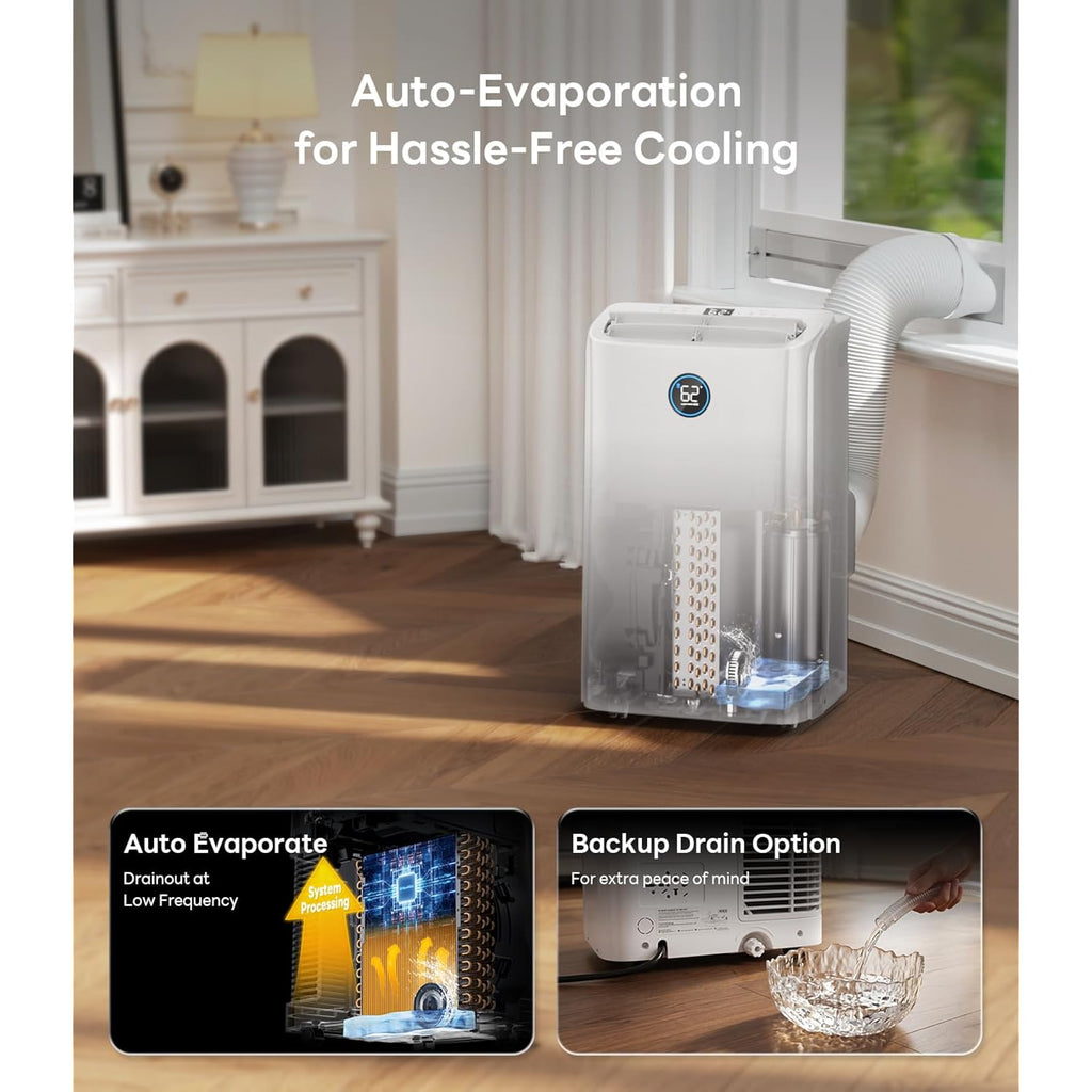 14,000 Btu Smart Wifi Portable Air Conditioner, Cools Up To 700 Sq.Ft, Auto-Evaporation, 3-In-1 Modes, Voice & Remote Control, Quiet Operation, White