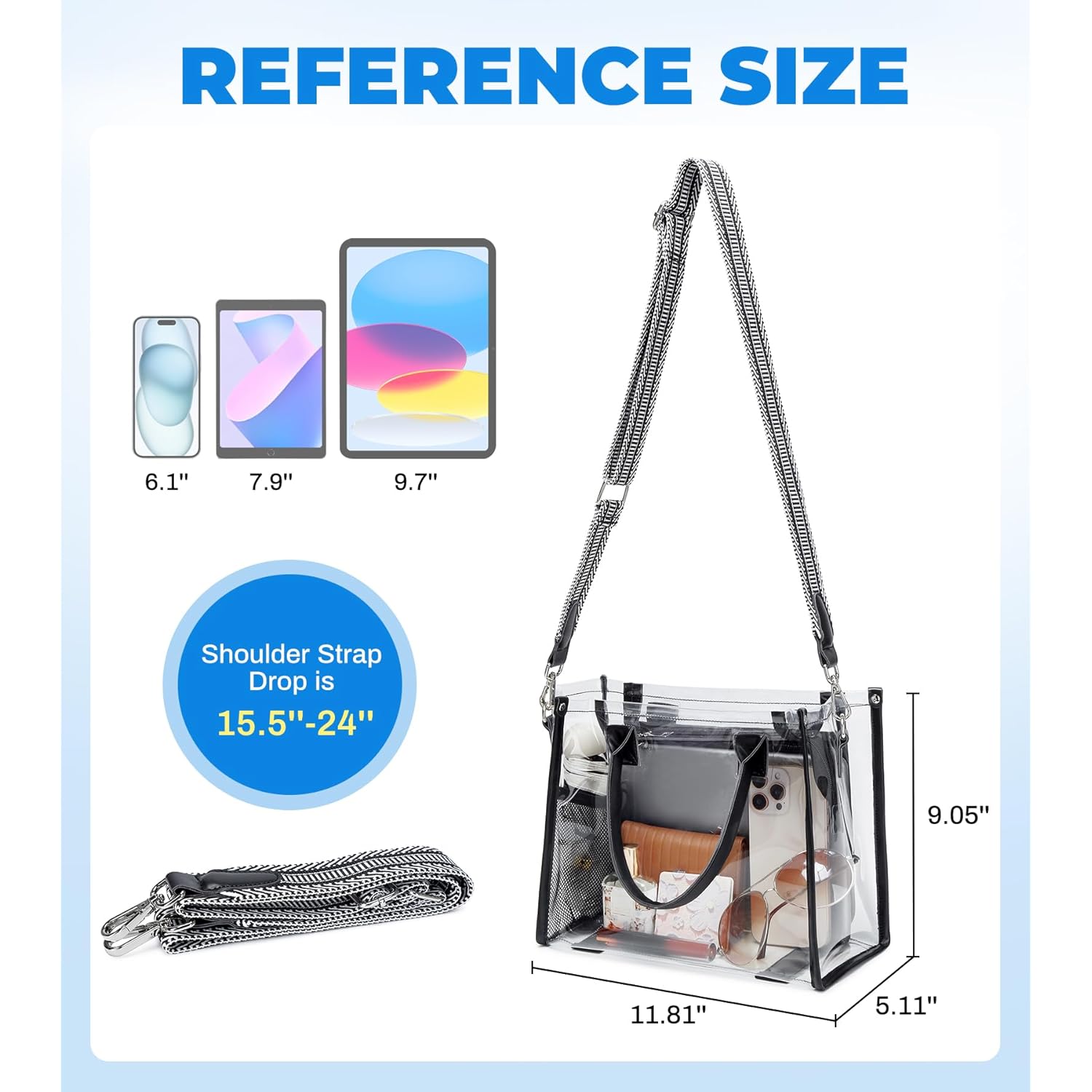 Clear Tote Bag Stadium Events Transparent Clear Purse for Women Thick PVC Shoulder Bag with Guitar Strap for Concert