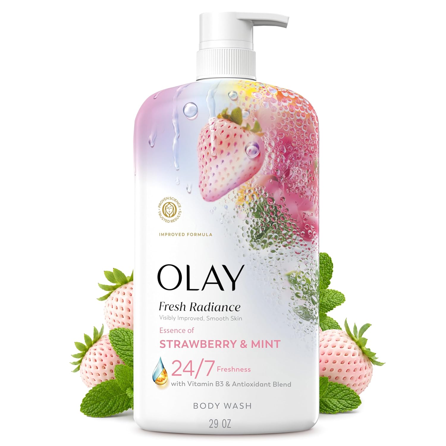 Olay Body Wash for Women, Fresh Radiance, 24/7 Skin-Loving Freshness, Visibly Radiant, Plant Based Cleansers, Vitamin B3 & Antioxidant Blend, For All Skin Types, Strawberry & Mint Scent, 29 fl oz