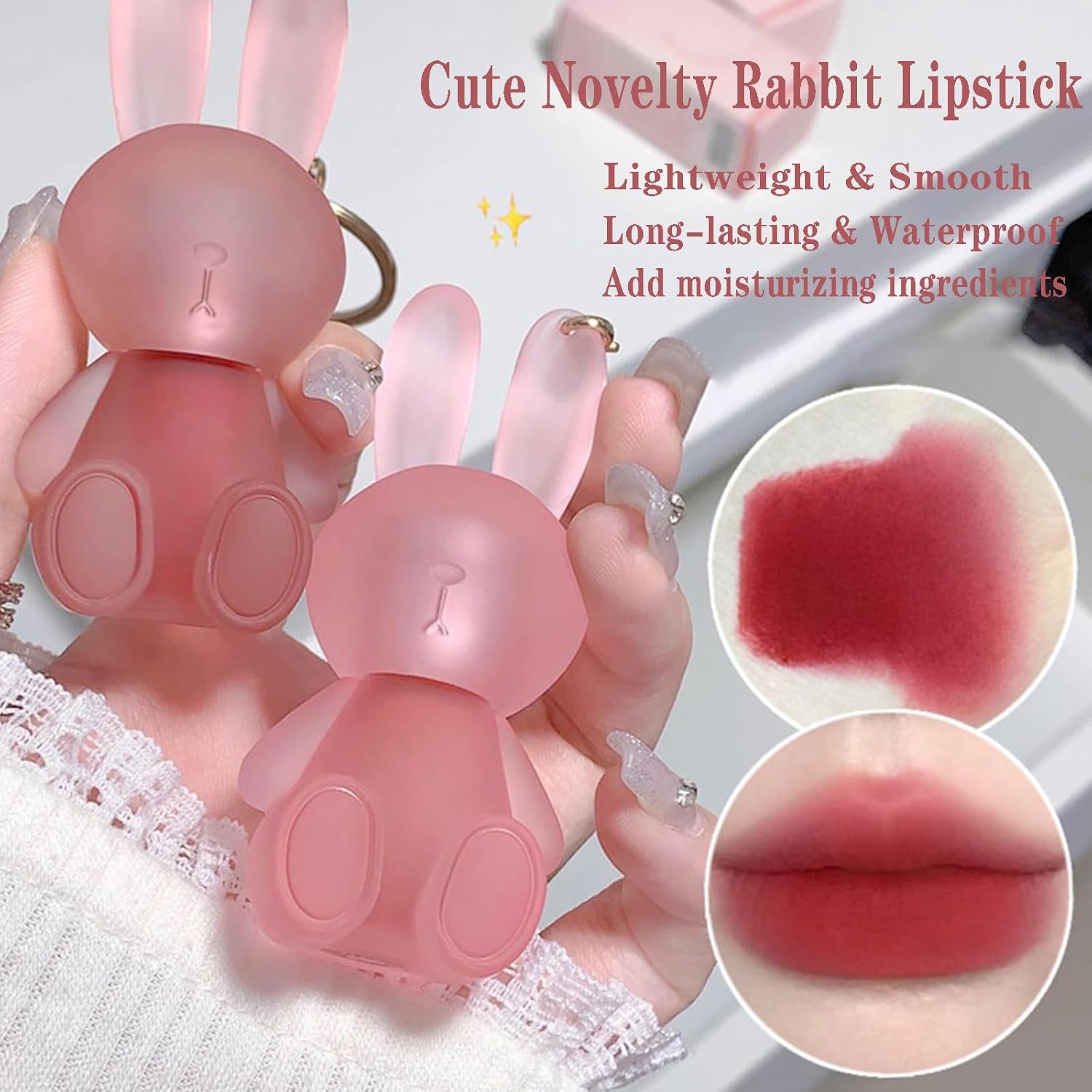 6 Colors Velvet Matte Liquid Lipstick Set, Cute Rabbit Lip Glaze 2 In 1 Key Chain Lip Gloss Lip Stain, Waterproof Non-Stick Cup Long Lasting Lip Clay Cute Lip Makeup For Girls (A)