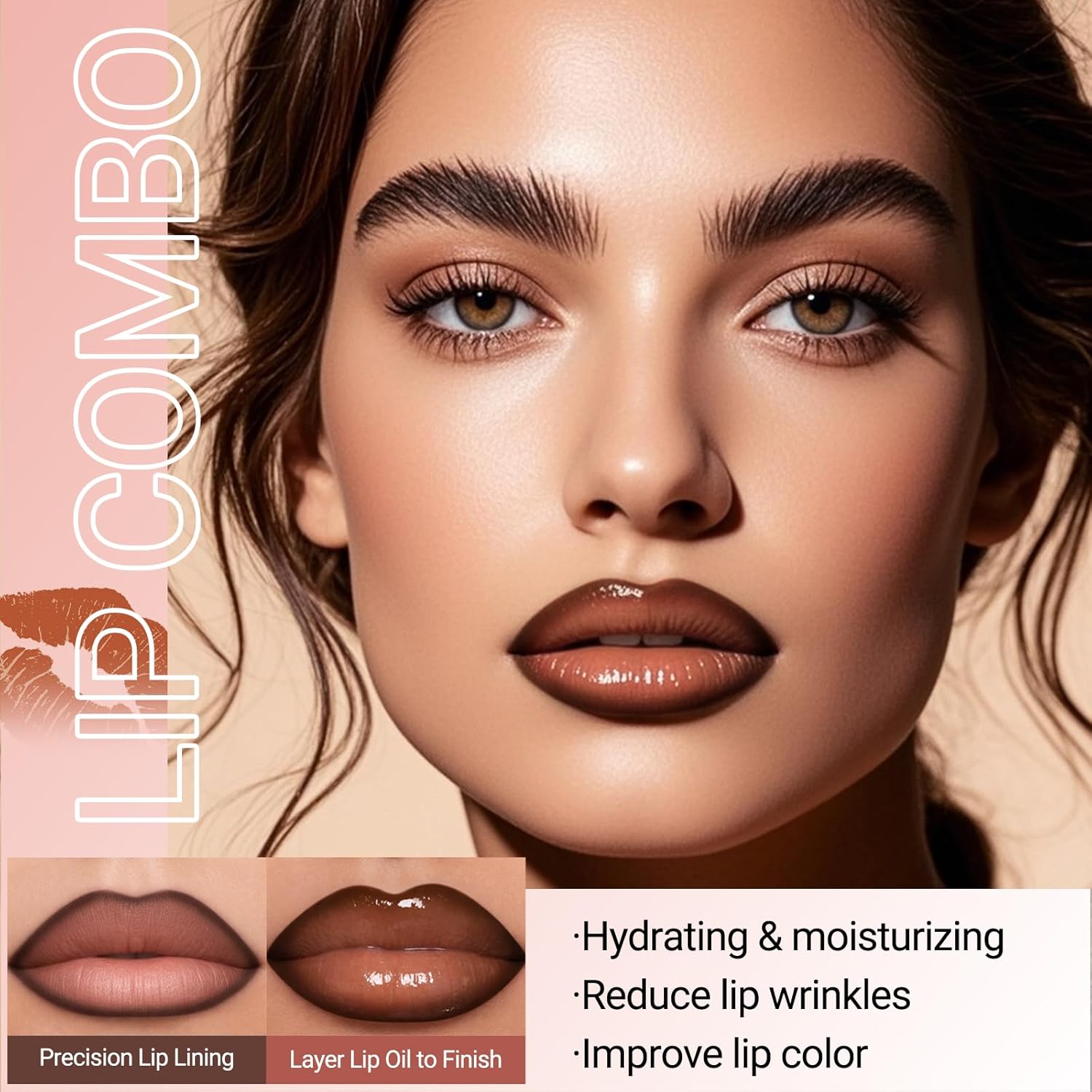 Erinde Lip Liner and Gloss Set, 2 Colors Nourishing Lip Gloss & Brown Lip Liner Combo Sets, Non-Sticky Plumping Lip Kit for Women, Lightweight Long Wear, Natural Nude Tinted Lip Glow Oil, SET B