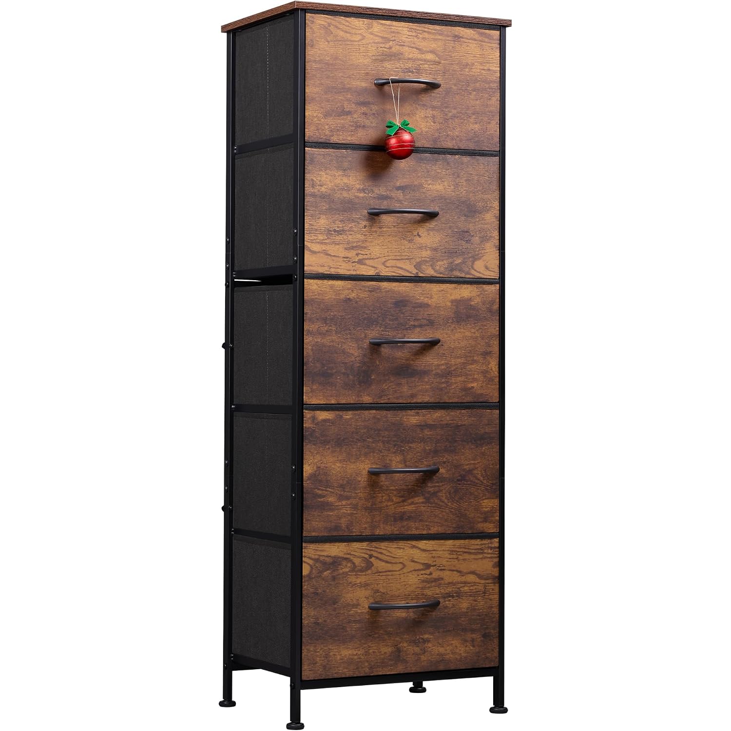 Wlive Fabric Dresser For Bedroom, 5-Drawer Tall Dressers, Storage Organizer With Fabric Bins, Wood Top, Sturdy Steel Frame, Chest Of Drawers For Closet, Hallway, Rustic Brown Wood Grain Print