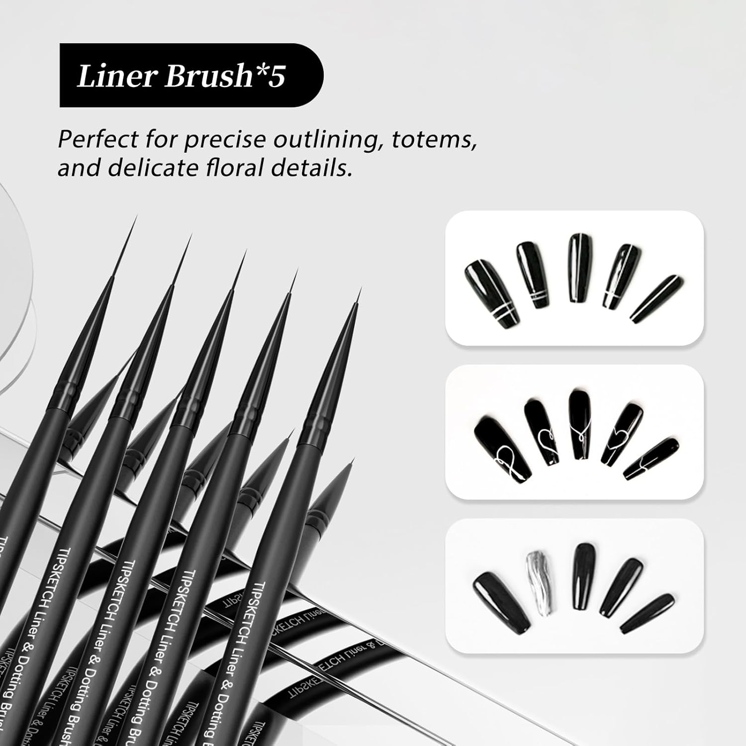 Nail Art Liner Brushes 5Pcs with Caps & Bag,Double‑Ended Thin Liner & Dotting Pen Set(4/8/12/15/20mm) for Long Lines,Fine Details,Gel Polish & Nail Painting