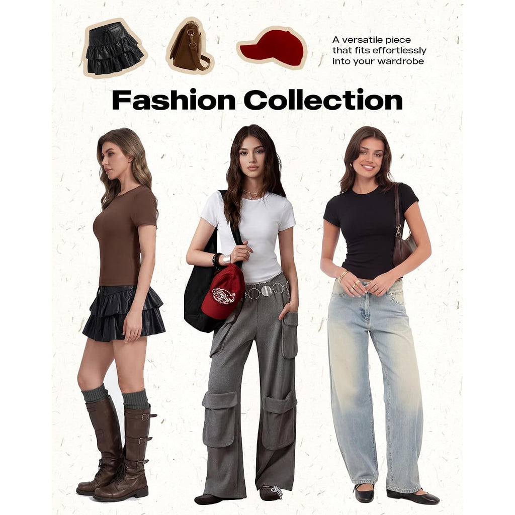 NexiEpoch 5 Pack T Shirts for Women - Crew Neck Short Sleeve Crop Tops Plain Casual Basic Tees Fitted Clothes Cute Y2K Outfit