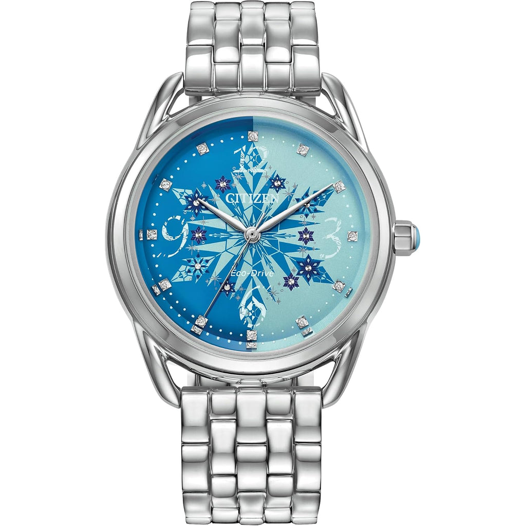 Citizen Women'S Eco-Drive Disney Princess Frozen Crystal Watch And Pin Gift Set In Silver Stainless Steel Watch, Blue Dial (Model: Fe7091-61W)