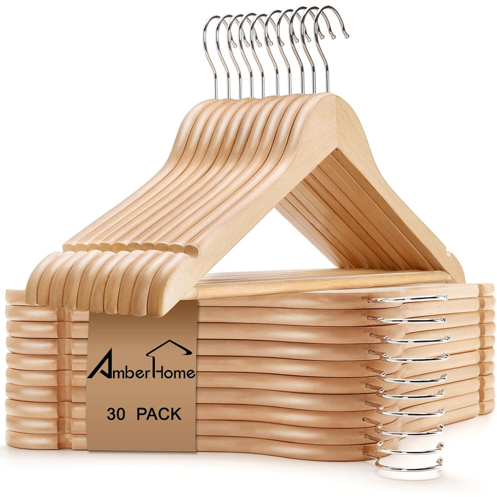 Amber Home 30 Pack Wooden Coat Hangers, Natural Wood Suit Hangers With Non-Slip Pant Bar, Clothes Hangers For Closet Organization, Shirts, Jackets, Dresses, And Pants (Natural, 30)