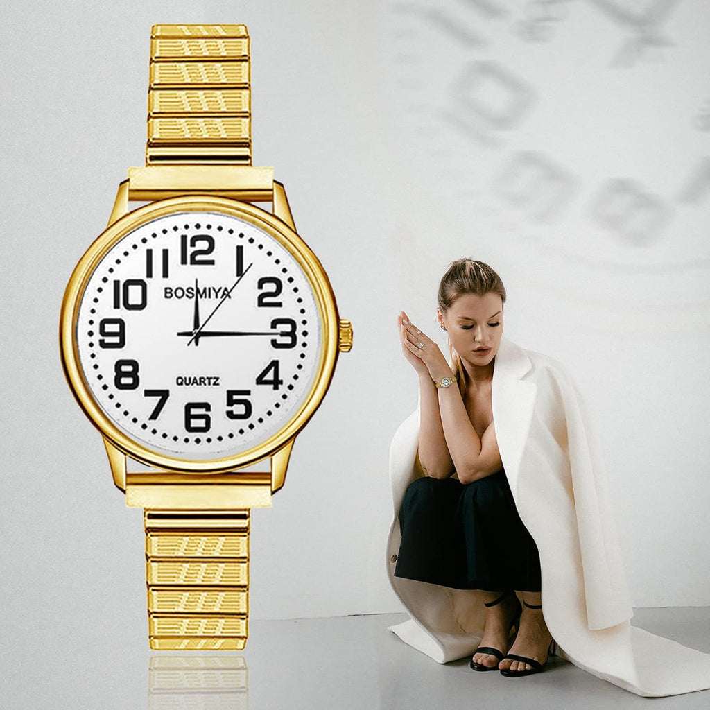 JewelryWe Women's Elastic Watch Easy Reader Analog Quartz Gold Silver Plated Stretch Band Wristwatch for Mother's Day