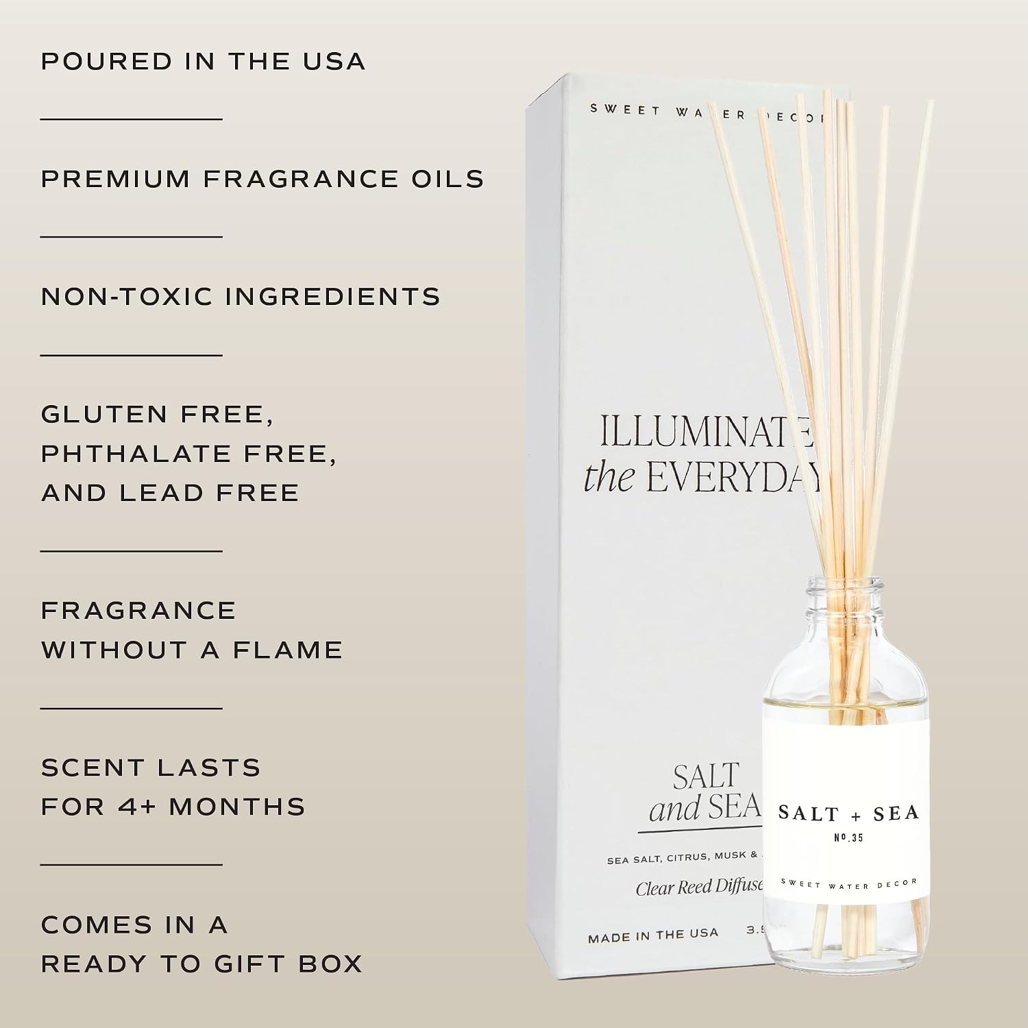Sweet Water Decor Salt & Sea Reed Diffuser Set - Sea Salt Citrus & Musk Amber Scent Diffuser - Reed Diffusers For Home With Long Lasting Fragrance - Non-Toxic Oil Reed Diffuser - Made In The Usa