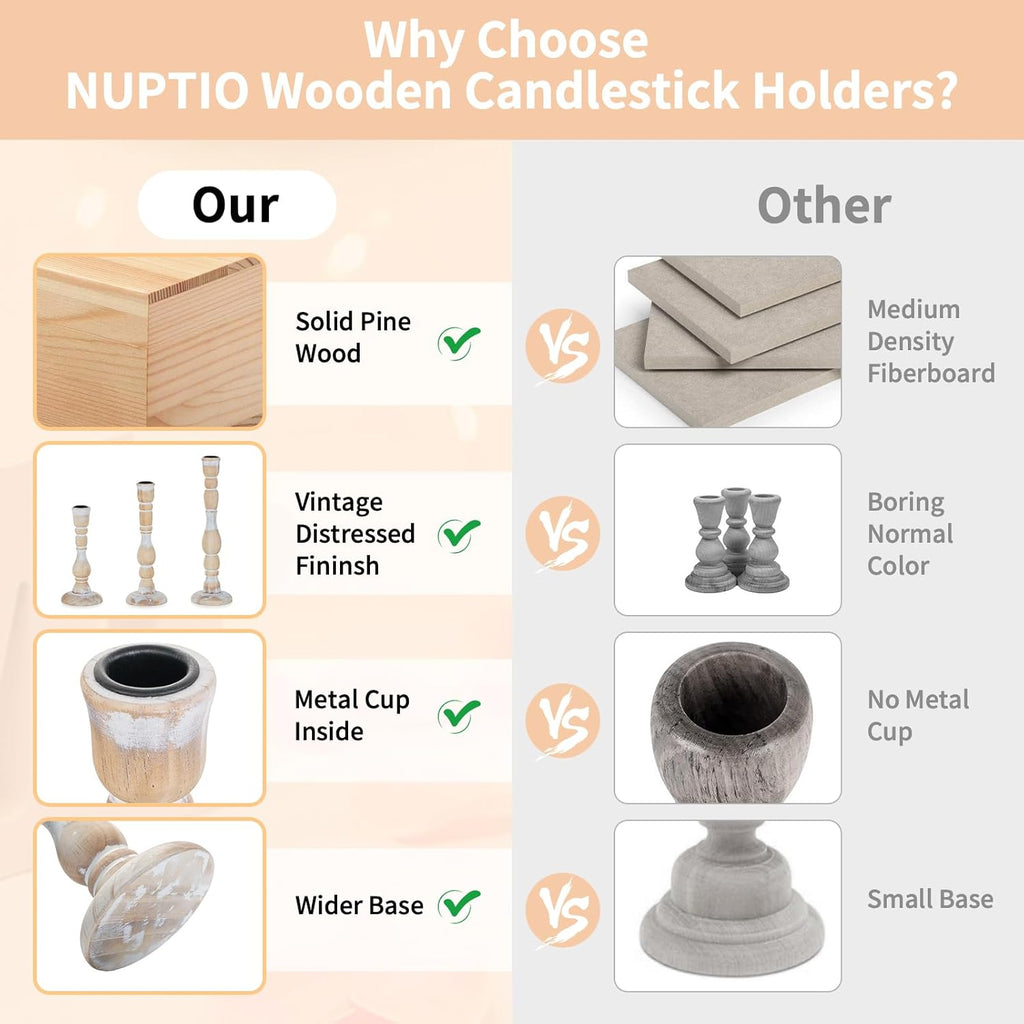 NUPTIO Candlestick Holders Wood for Home: Set of 3 Tall Farmhouse Taper Candle Holders for Christmas Gift Mantel Decor