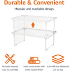 Amazon Basics Space-Saving Stackable Metal Kitchen Cabinet Organizer Shelves For Dishes, Pantry Organization, 12.5" L X 8" D X 4.5" H, Set Of 2, White
