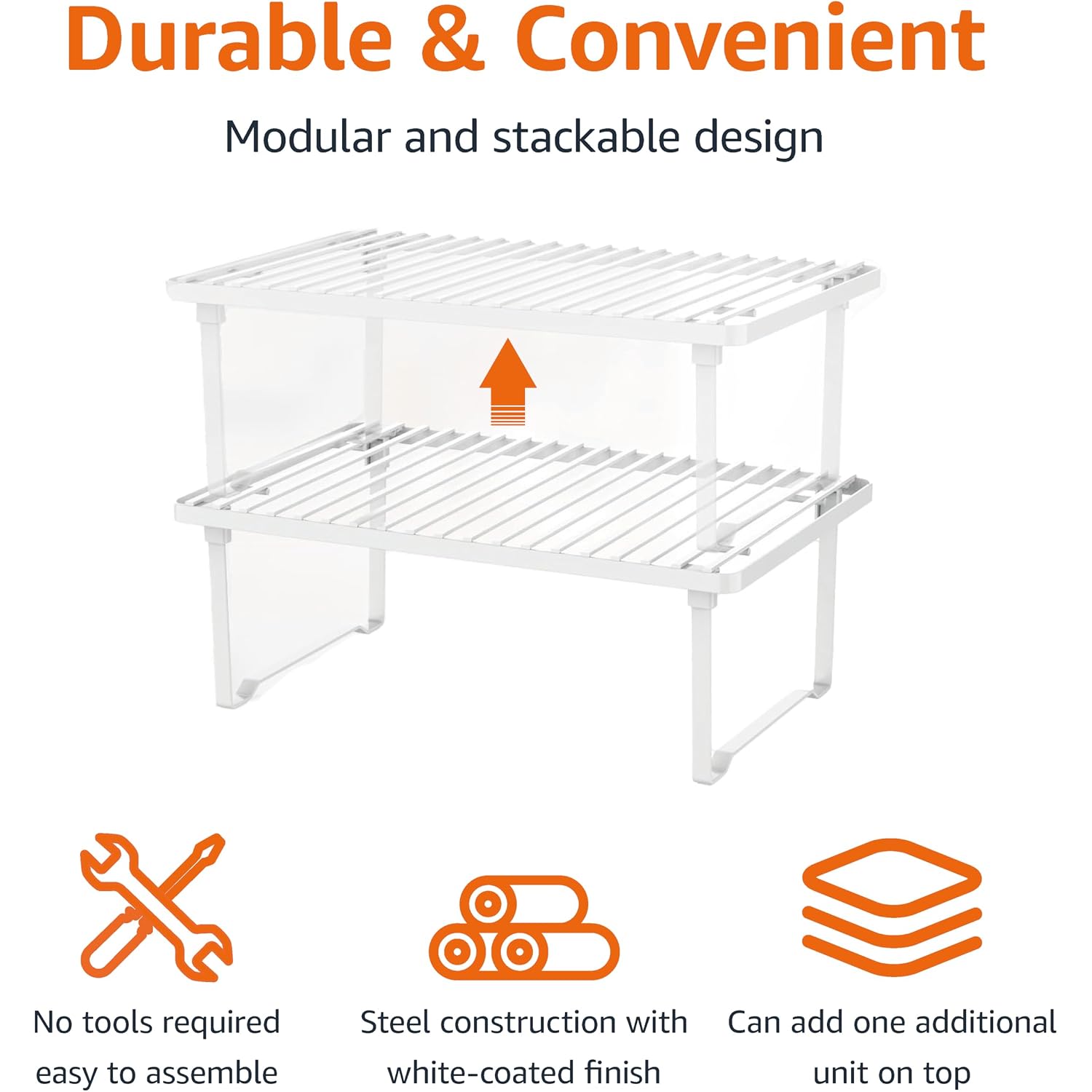 Amazon Basics Space-Saving Stackable Metal Kitchen Cabinet Organizer Shelves For Dishes, Pantry Organization, 12.5" L X 8" D X 4.5" H, Set Of 2, White