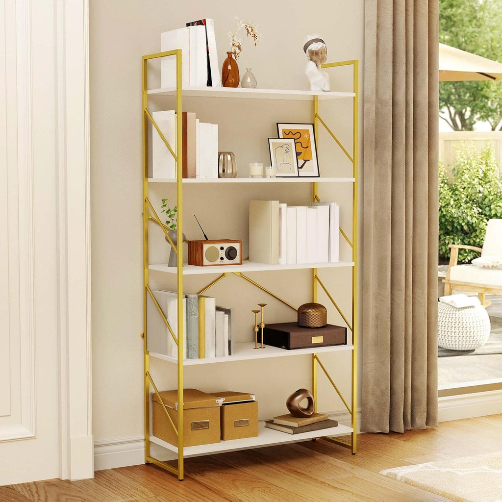 Yitahome 5 Tiers Gold Bookshelf | Modern Wide Bookcase, Large Book Rack, Storage Rack Shelves In Bedroom/Living Room/Home/Office, Books Holder Organizer