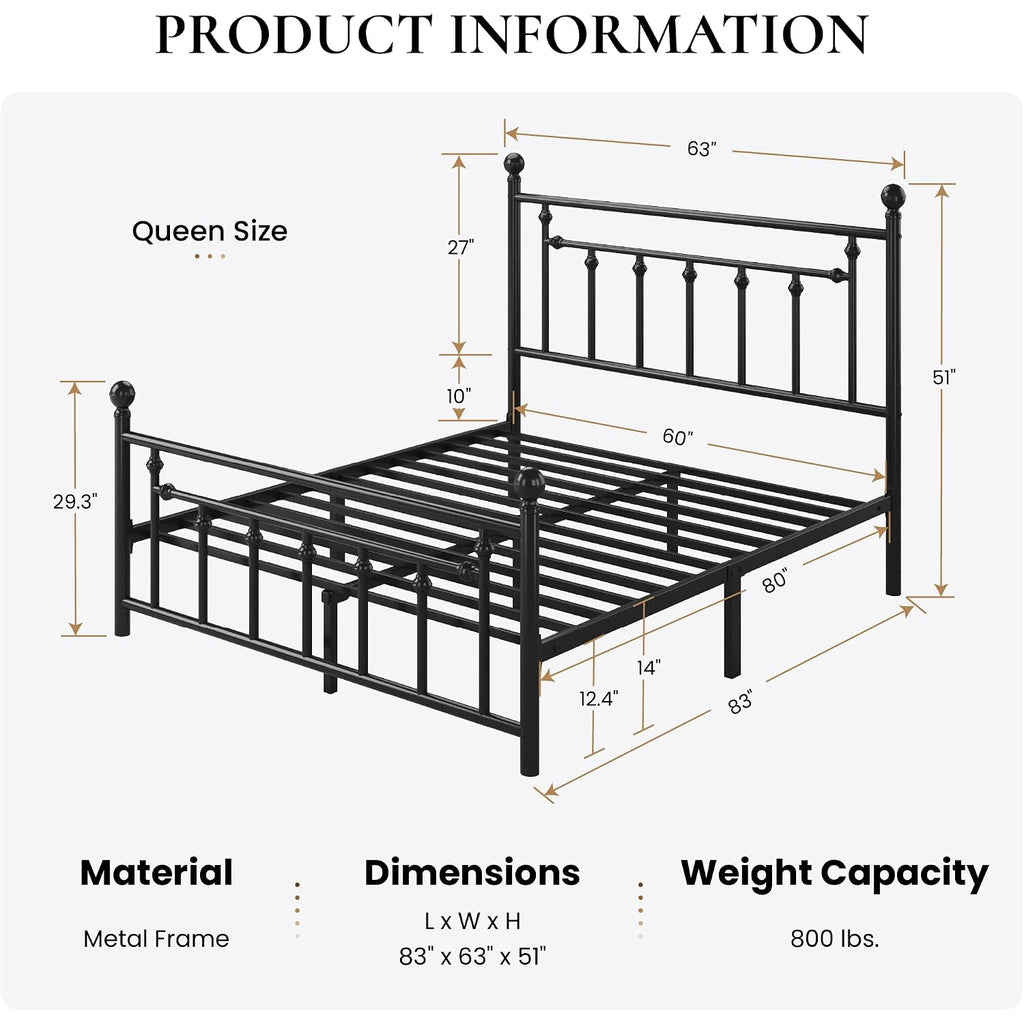 Sha Cerlin 14" Queen Size Metal Platform Bed Frame/Victorian Headboard And Footboard/Steel Slats Mattress Foundation For Storage/No Box Spring Needed/Noise Free/Black