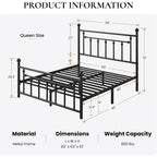 Sha Cerlin 14" Queen Size Metal Platform Bed Frame/Victorian Headboard And Footboard/Steel Slats Mattress Foundation For Storage/No Box Spring Needed/Noise Free/Black