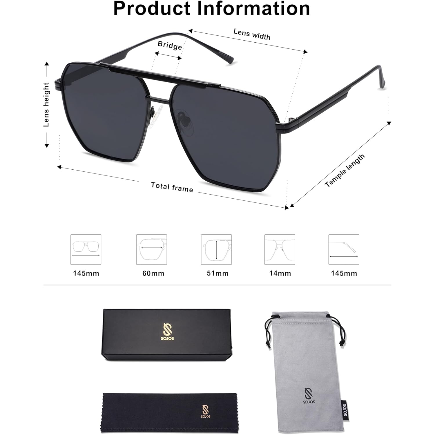 SOJOS Retro Oversized Square Polarized Sunglasses for Women Men Vintage Shades Classic Large Metal Sun Glasses