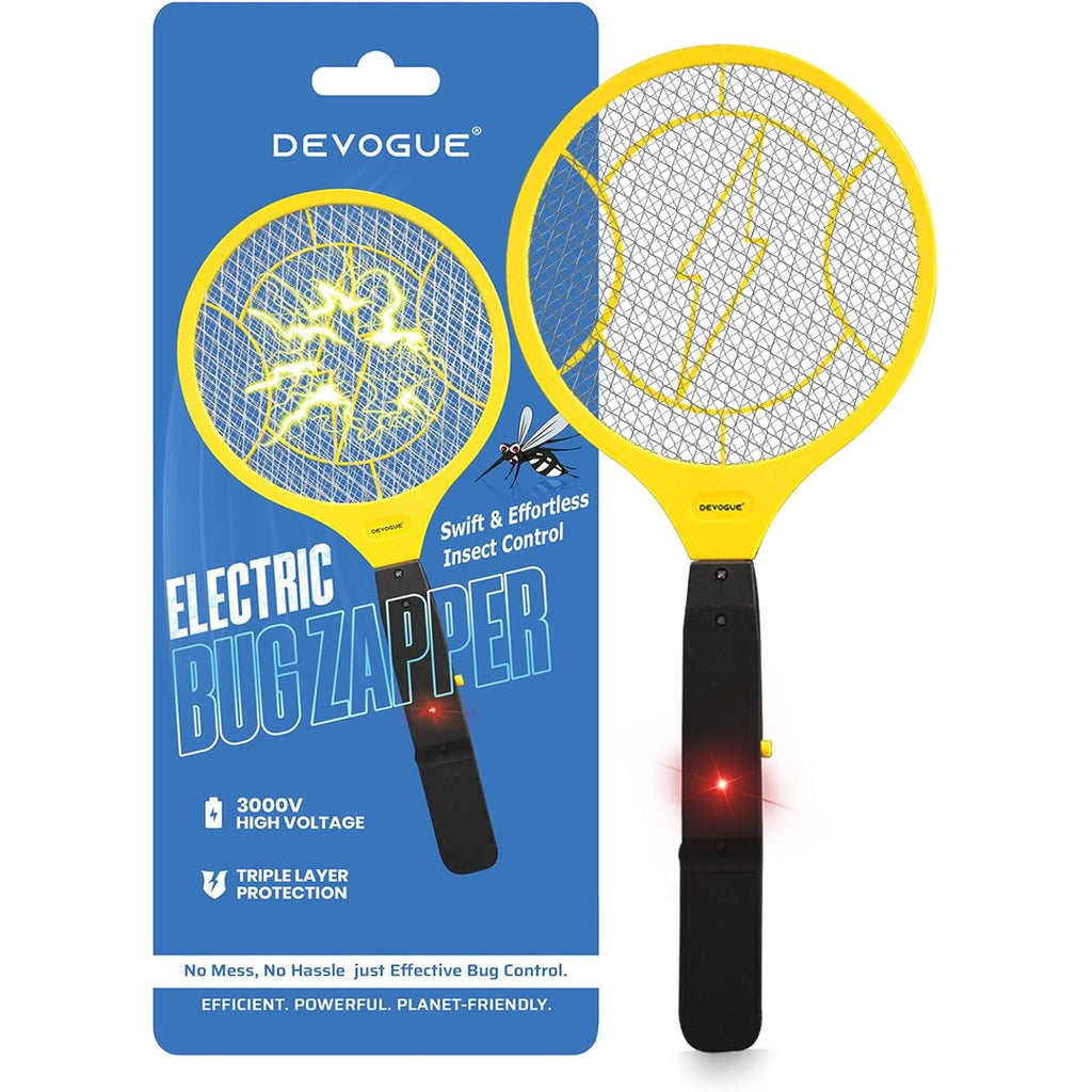 Devogue® Electric Fly Swatter - Weight Like Apple - 2Aa Battery Powered (Not Incl.) - 3-Layer Protection Grid Bug Zapper Racket For Home Bedroom Kitchen Office Backyard Patio Indoor Outdoor