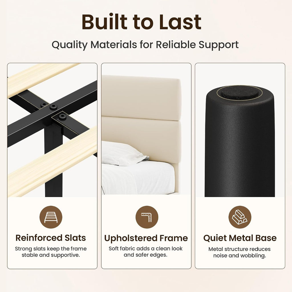 Queen Size Platform Bed Frame With Velvet Headboard, Adjustable Height Wooden Slats Support, Upholstered Mattress Foundation, Fits Mattress Or Mattress With Box Spring, Easy Assembly, Beige