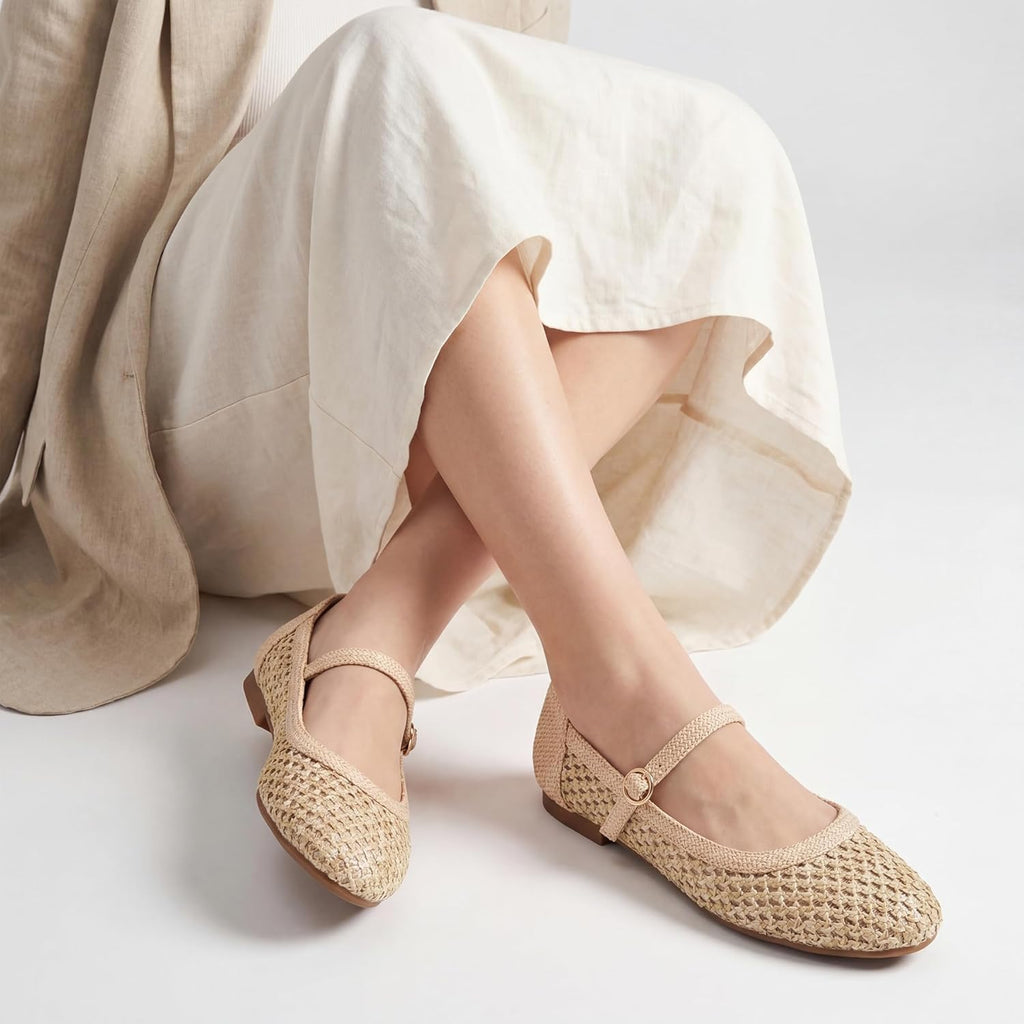 Trary Mary Jane Shoes Women Woven Flats for Women Mesh Rouned Toe Dressy Ballet Flat with Braided Adjustable Buckle Strap Spring Summer Comfortable Slip On Casual Cute Shoes
